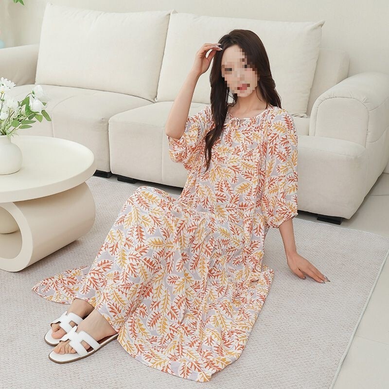 Nightgown with Pockets for Women, Summer Mid-Sleeve Tencel Cotton Vacation Beach Lazy Style Round Neck New Chinese Style Ankle-Length Dress