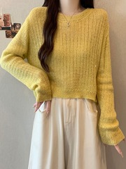 设计感镂空圆领毛衣女秋季大码胖mm套头后排扣长袖针织打底上衣潮