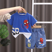 儿童夏装新款卡通衣服拼色短袖帅气男童蜘蛛侠上衣牛仔两件套