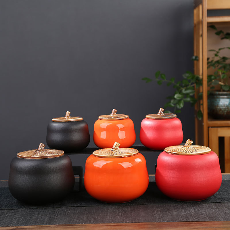 Ceramic Persimmon Tea Caddy - Good Fortune Tea Storage Pot, Large and Small Sizes, Auspicious Tea Caddy Set with Sealing Function, Perfect for Tea Houses as a Gift Box