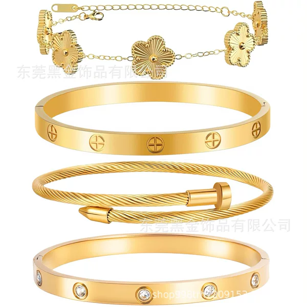 Fashionable Titanium Steel Tennis Bracelet, Five-Leaf Flower Bracelet, Cross Bracelet, Ten-Diamond Bracelet, Non-Fading Set Wholesale