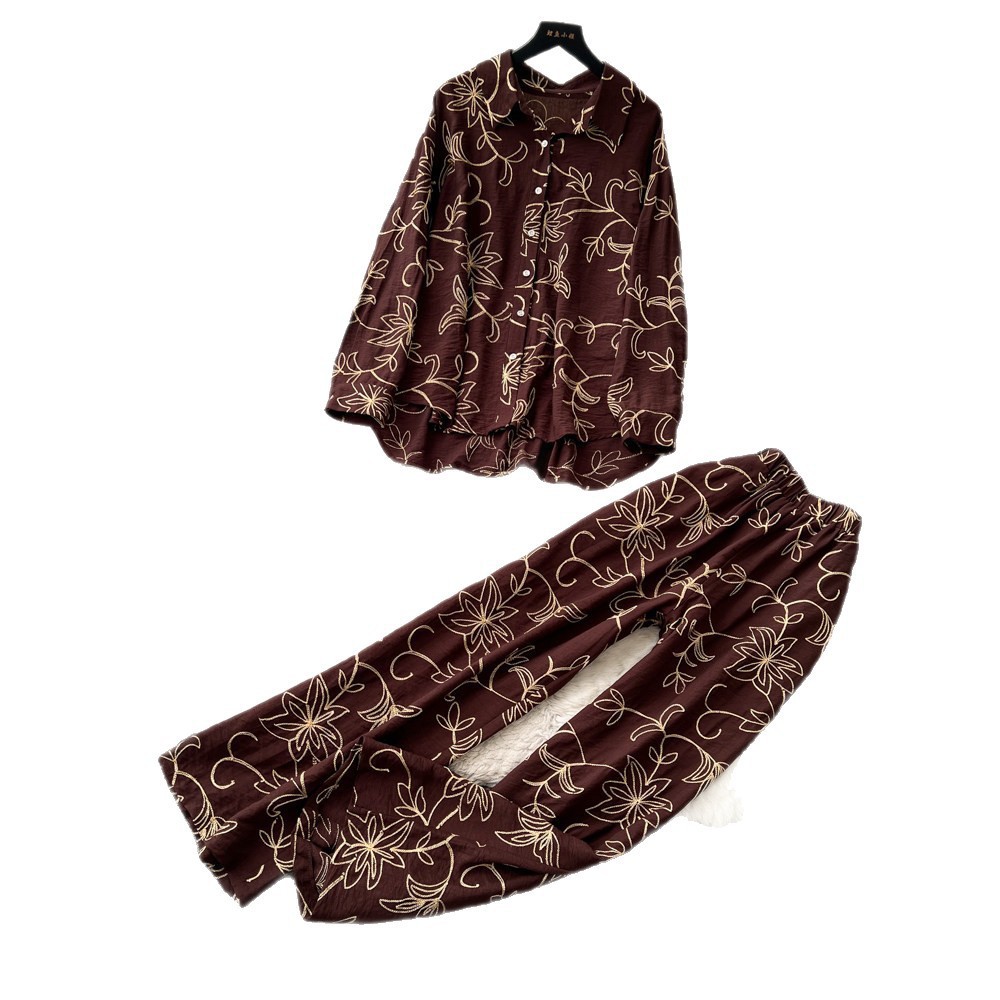Women's Leaf Embroidery Two Piece Set Cardigan And Wide Leg Pants Slimming Versatile Autumn 2026 Commuting Clothing_ecoleips.com