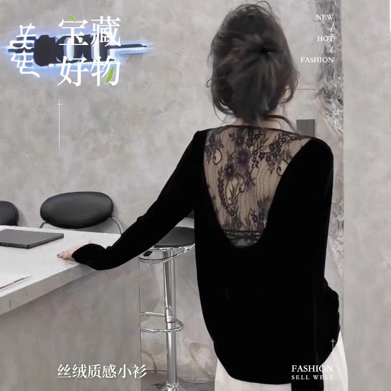 金丝绒蕾丝小衫女2025秋季新款纯色网纱蕾丝拼接宽松上衣长袖8812|undefined