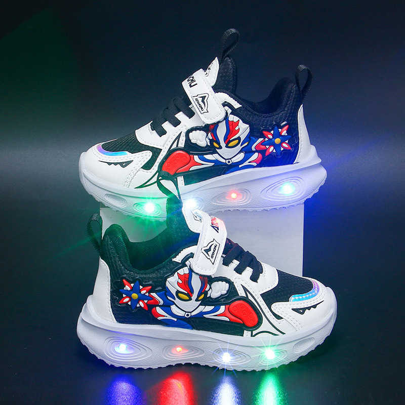 Selected Boys' Sports Shoes with Lights, Spring and Autumn Mesh Breathable Casual Shoes, Baby Leather Waterproof and Wear-Resistant Running Shoes