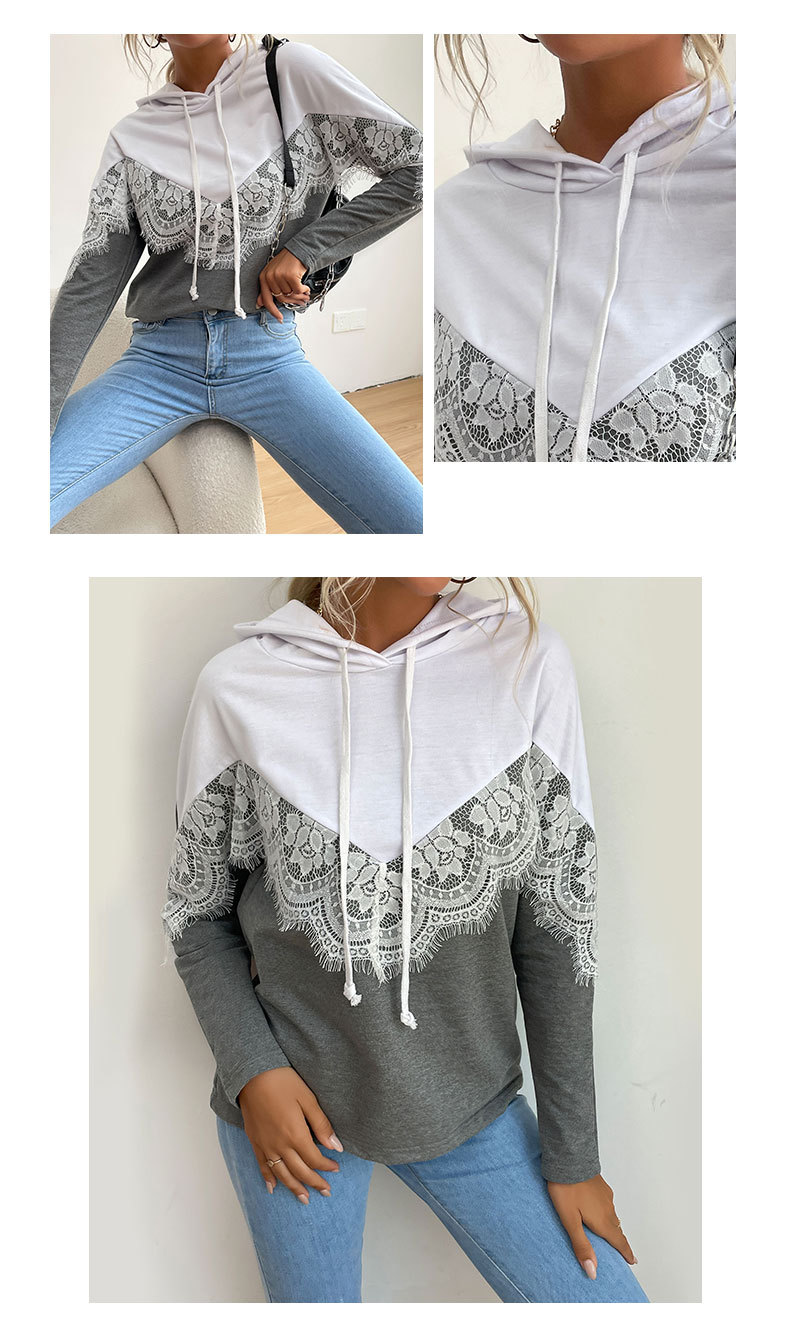 Contrast Color Lace Panel Long-sleeved Sweatshirt Hooded Pullover_voghion.com