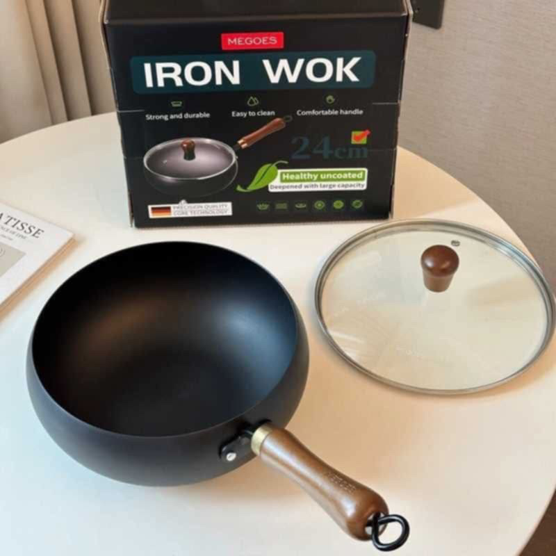 【0涂层！健康烹饪！】不挑灶炉家用加深防溅油大肚精铁炒锅24cm