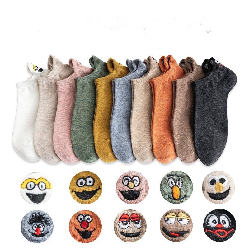 Ten Pairs of Socks in a Bag, Boat Socks with Funny Expressions on the Heel, Sesame Street Embroidered Smiley Face Women's Socks, Sweat-Absorbent, Odor-Resistant, Thin Style