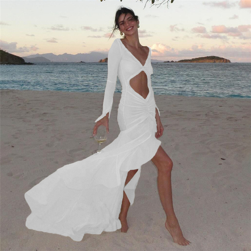 Summer Womens Dress V Neck Sheer Hollow Out Ruffled Lace Slim Fit Perfect for Parties and Events OEM Available