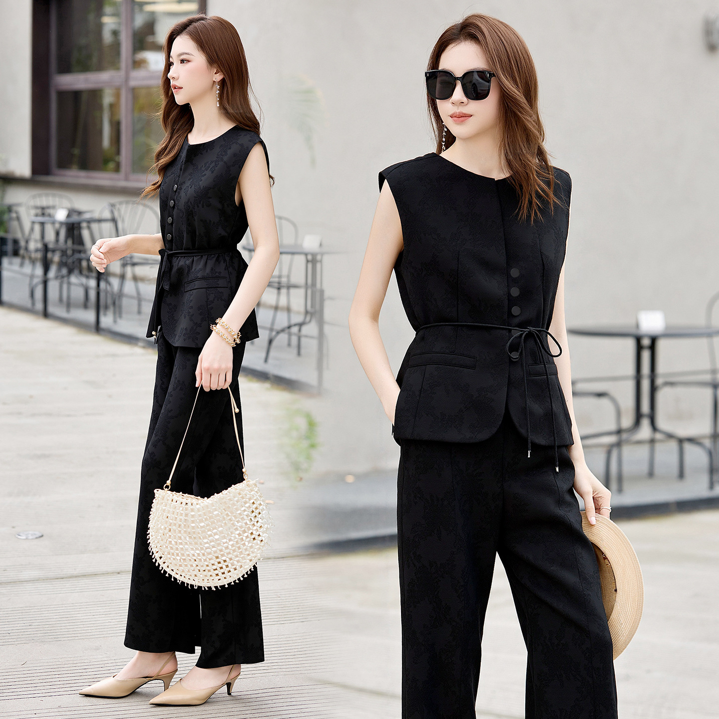 Bộ quần áo hai mảnh nữ phong cách tân cổ điển Trung Hoa – áo gile họa tiết jacquard kết hợp quần ống rộng — màu đen, màu trắng, màu vàng