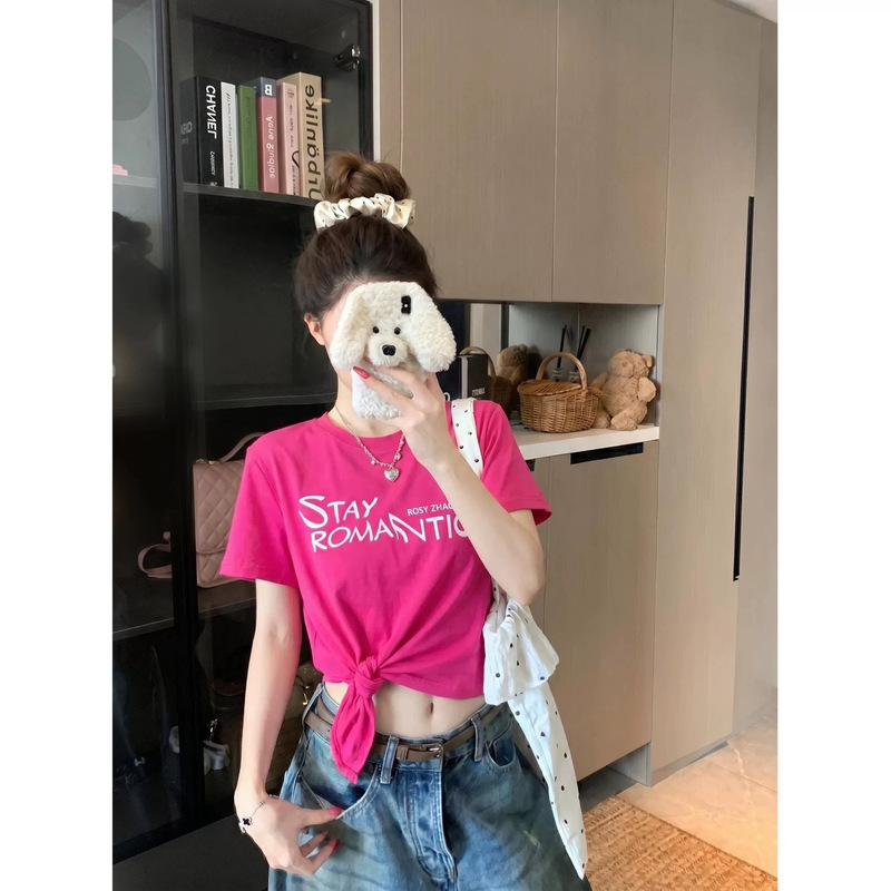 Korean-Style Spicy Girl Letter-Printed Twist-Tie Short-Sleeve T-Shirt for Women, Summer Waist-Cinching Slim-Fit Crop Top