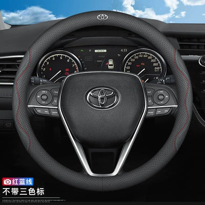 Steering wheel cover Wheel Cover Corolla Rav4 - round-full-grain-leather-with-nappa-texture-toyota-logo-red-and-blue-stitching-38cm