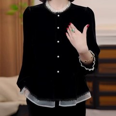 法式荷叶边衬衫女士秋季新款时尚气质休闲显瘦设计感黑色丝绒上衣