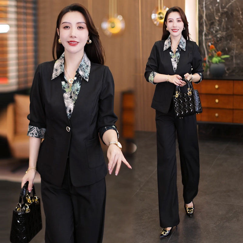时尚套装女2025秋季新款时髦洋气印花翻领假两件西装阔腿裤两件套|undefined