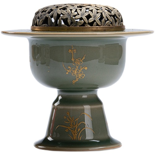 Sijunzi Yue kiln copper-covered incense burner, Longquan celadon agarwood incense disc, incense burner ornaments, antique ceramic small stove