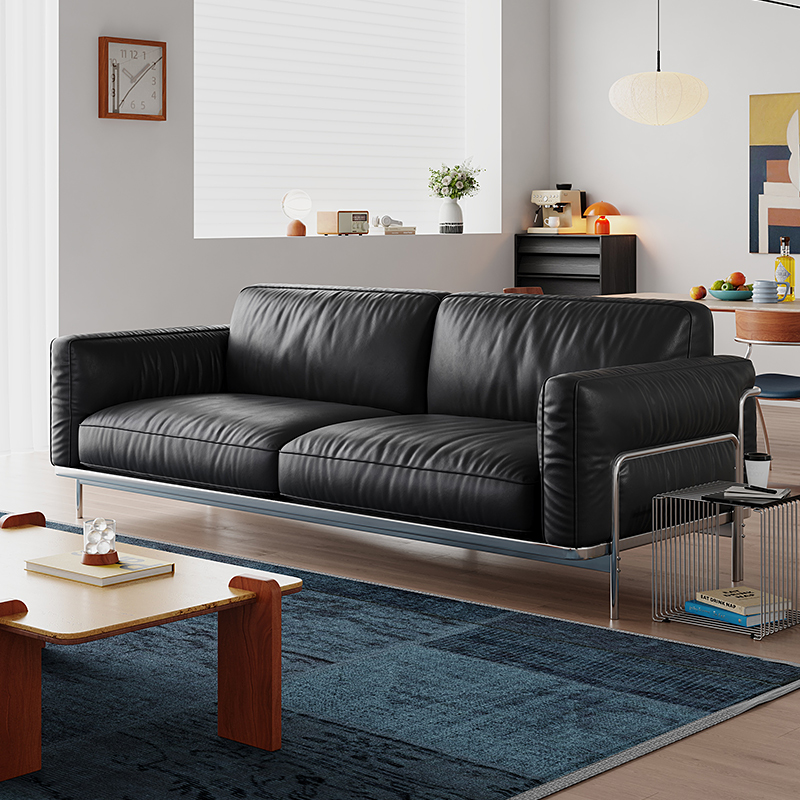 Corridor Sofa, Vintage Bauhaus Black Top-Layer Cowhide, Small Living Room Stainless Steel Sofa