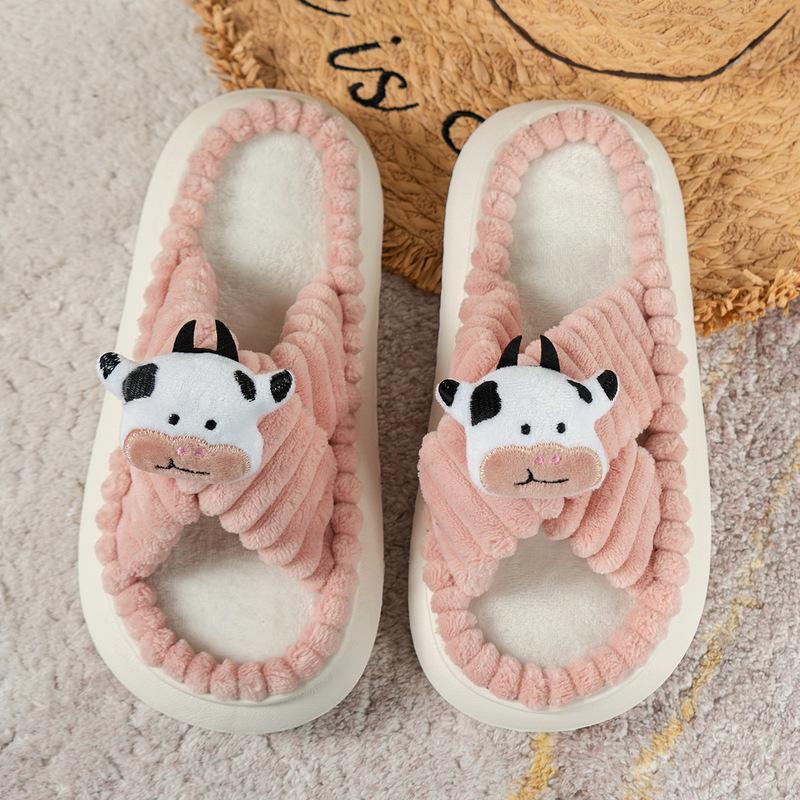 2023 autumn and winter new foreign trade plus size women's thick-soled cotton slippers temu cow pattern home wear