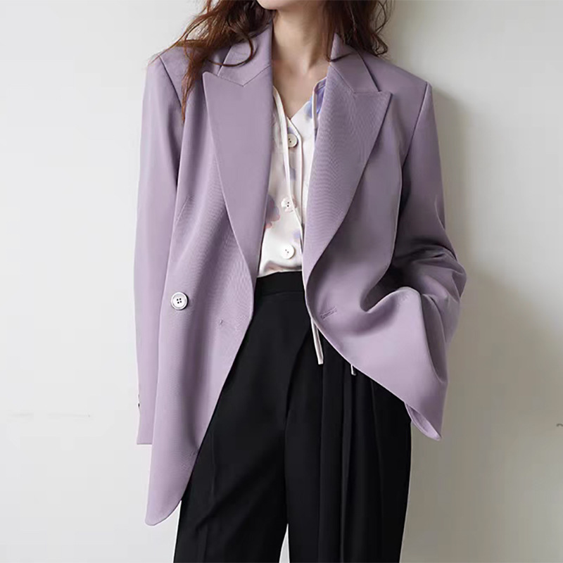 Ready Stock Manufacturer Wholesale Satin Stitching Casual Silhouette Blazer Women's Purple Suit Professional Women's Style