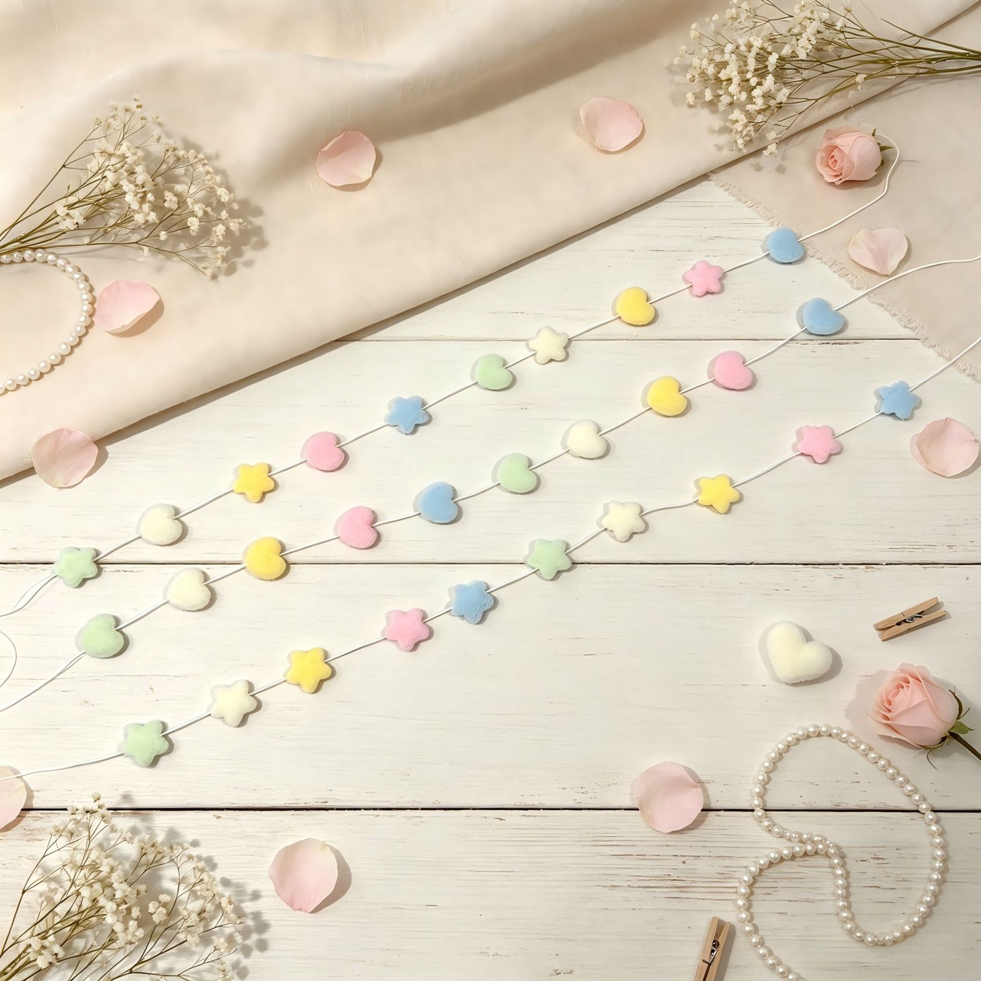 Ins-style home accessories for children's rooms, plush star and heart pom-pom string decorations, bedside background pendants 4