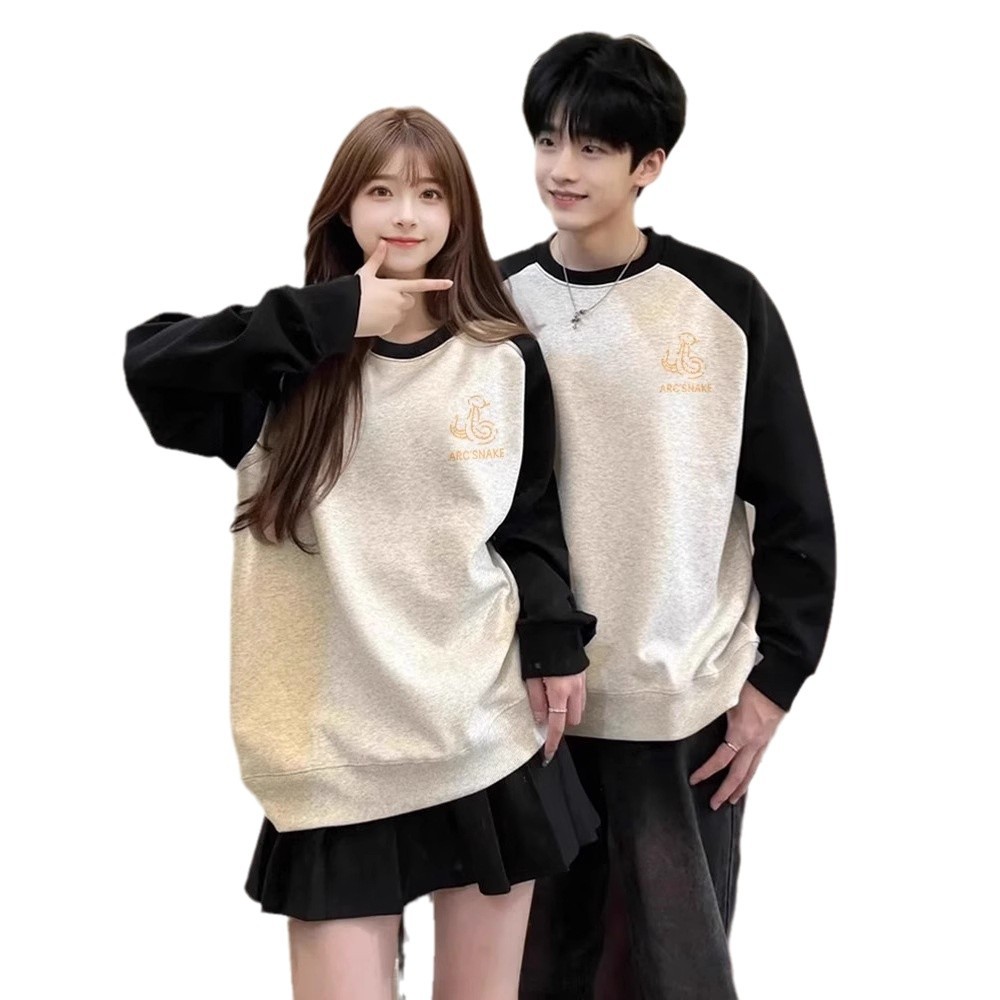 다른 연인 의류 2024 새로운 봄과 가을 패션 브랜드 긴 소매 기모 라글란 소매 라운드 넥 재킷 겨울