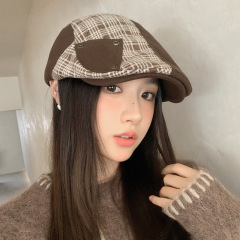 英伦复古格纹拼接前进帽秋冬显脸小防风报童帽欧美时尚百搭贝雷帽