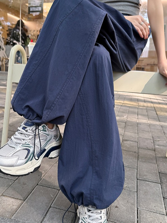 美式速干工装裤女夏季薄款藏青色肌理感宽松阔腿运动裤垂坠感长裤|undefined
