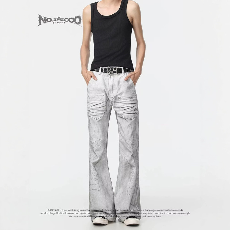 NXGEN American retro distressed cat-ear wash denim jeans for men, straight-leg, washed, vintage-style, slightly flared, men's long pants wholesale