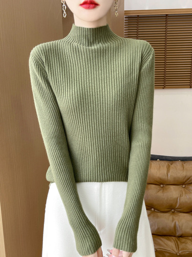 Autumn New Semi-High Collar Women's Long-Sleeve Fitted Ribbed Casual Knit Top Crewneck Sweater Outerwear for Layering