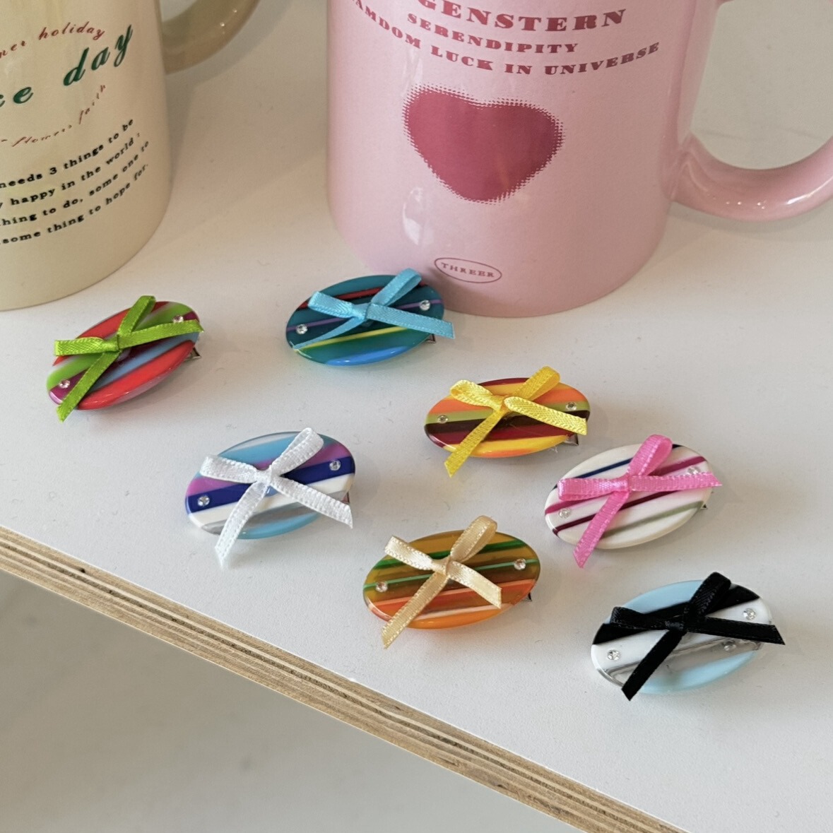 新款渲染多彩條紋醋酸蝴蝶結絲帶水鑽邊夾髮夾時尚百搭側邊夾髮飾