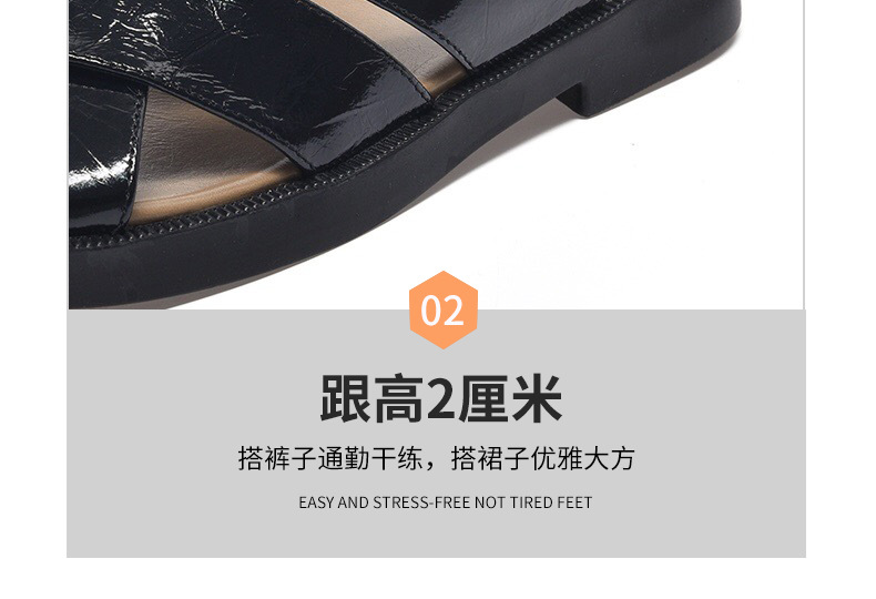 Dép sandal nữ quai ngang mũi tròn đế bệt da thật khoét lỗ thoáng khí — Màu đen chi tiết 16