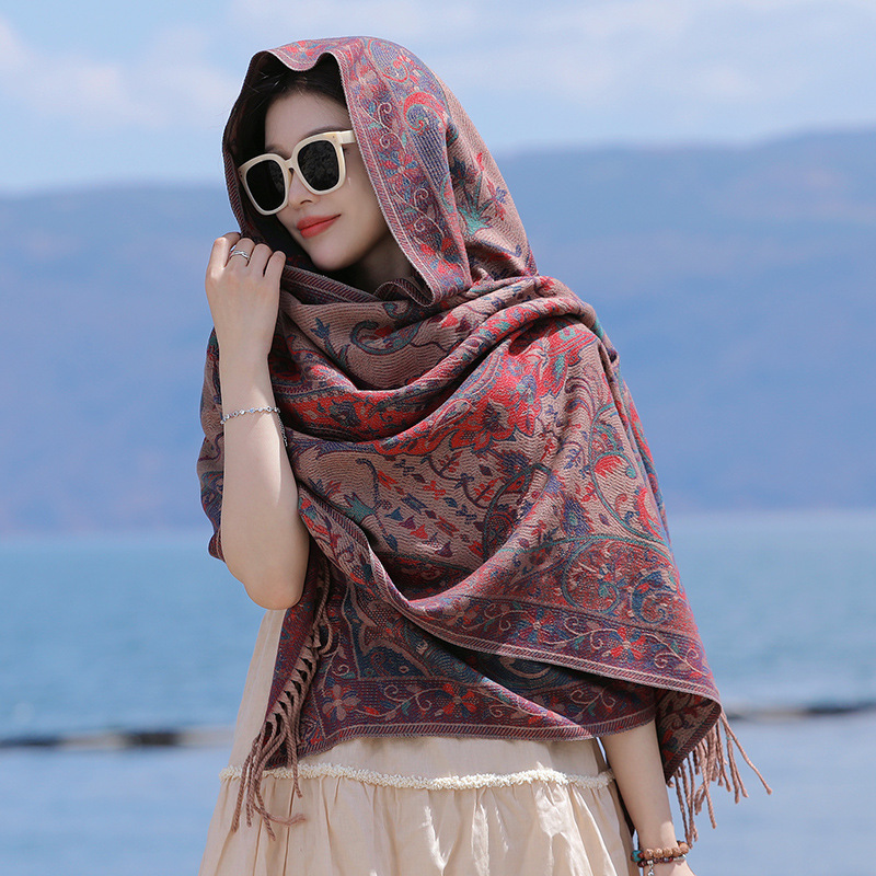 Xizang Yunnan Tourism Photo Blanket Style Large Shawl Scarf Women's Autumn and Winter Ethnic Style Dual-Use Vacation Cloak