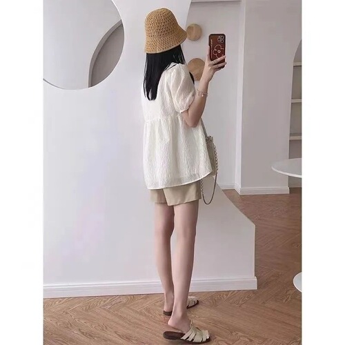 Women's Summer New Slimming Square Collar Puff Sleeve Shirt, French Texture Babydoll Top with Short Sleeve