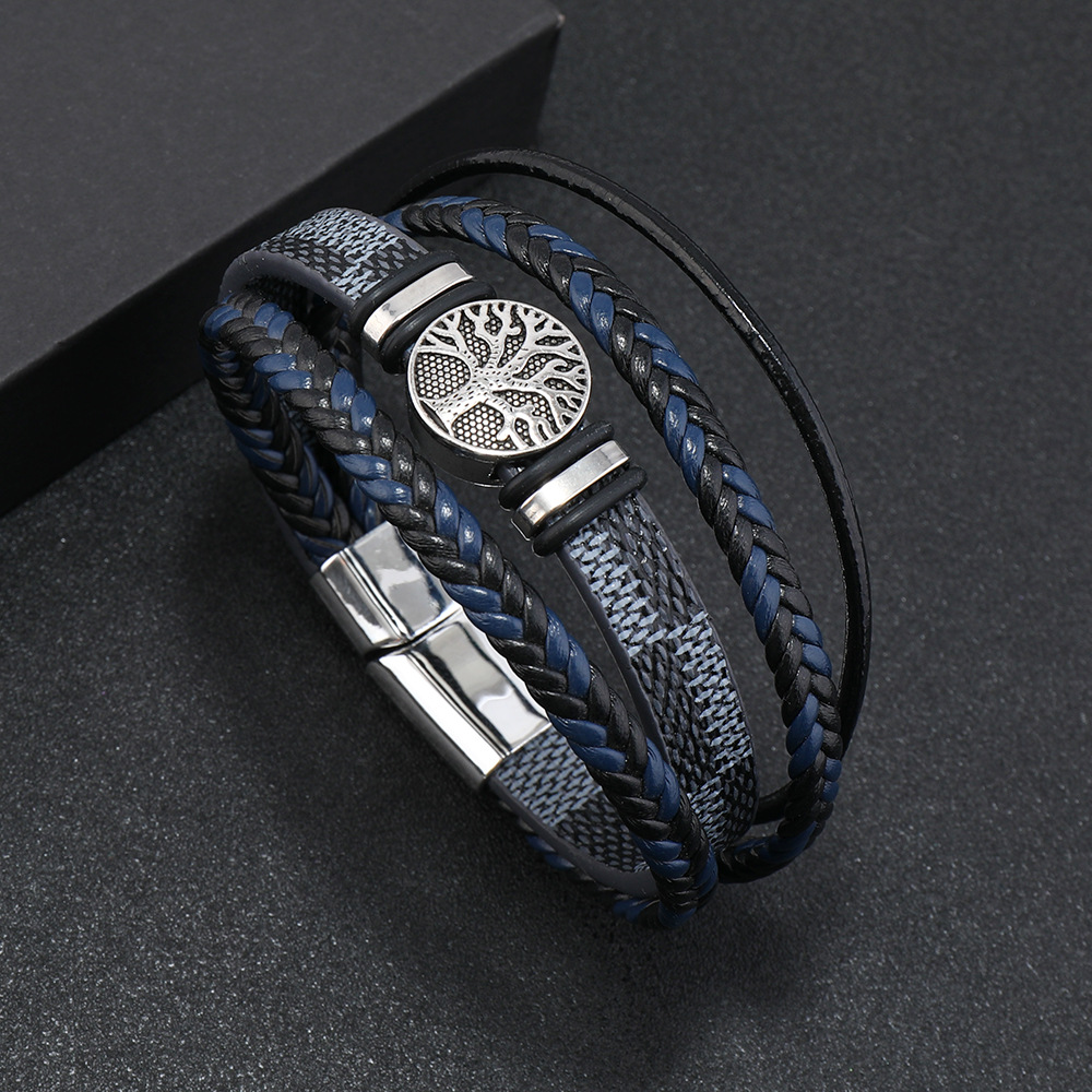 Pletena kožna narukvica, modna punk stil, višeslojna muška narukvica, modni trend, narukvica s osobnošću drva života_voghion.com