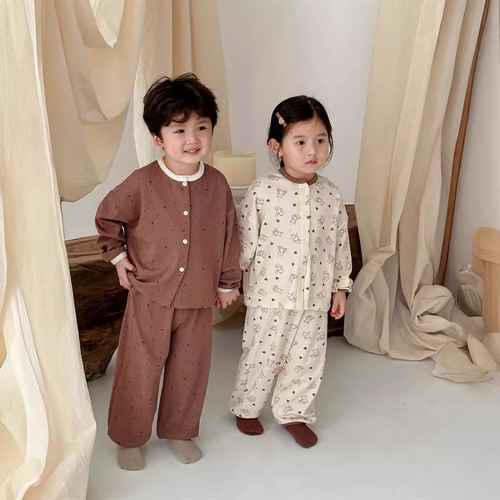 2024 Danish-style children's open-neck pajama set for boys and girls, honeycomb long-sleeved baby warm innerwear