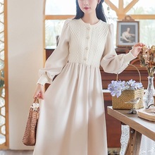 加厚毛衣裙秋冬新款洋气森系高档法式收腰遮肉假两件连衣裙中长款