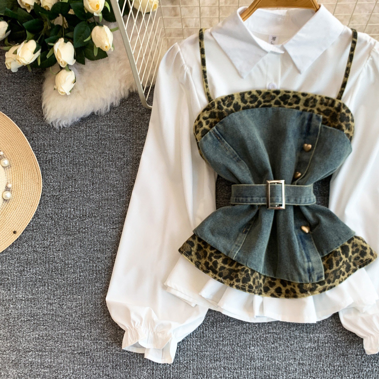 Women's Denim Leopard Print Slimming Shirt Dress Lace Up Design Suspender Top Elegant Fashion Unique Edgy Chic Sophisticated Clothing_ecoleips.com