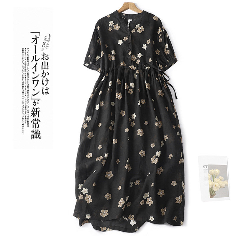 Real Shot Light Ramie dress Summer New Style Floral Light Luxury High-end Women's Medium-length Dress Real Shot Light Ramie dress Summer New Style Floral Light Luxury High-end Women's Medium-length Dress