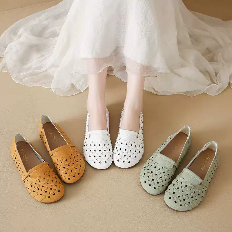 Лето 2025, новые универсальные повседневные туфли на мягкой подошве с мягкой поверхностью на плоской подошве для женщин, дышащие туфли с полым вырезом для женщин