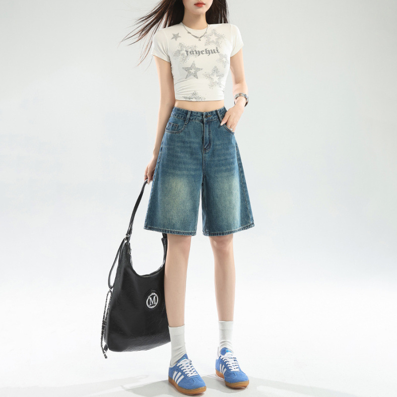 Pantalones jeans de cintura alta y piernas anchas de cinco puntos para mujeres verano de 2026 delgado recto delgado tamaño grande gordo mm pantalones de cintura elástica