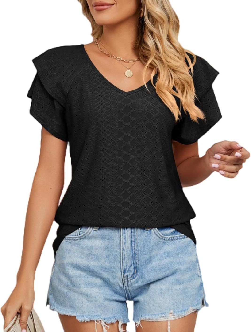 2025 transfronterizos Europa y América primavera y verano nuevo cuello hueco collar manga de hoja de loto camiseta de manga corta camiseta casual chaqueta de mujer