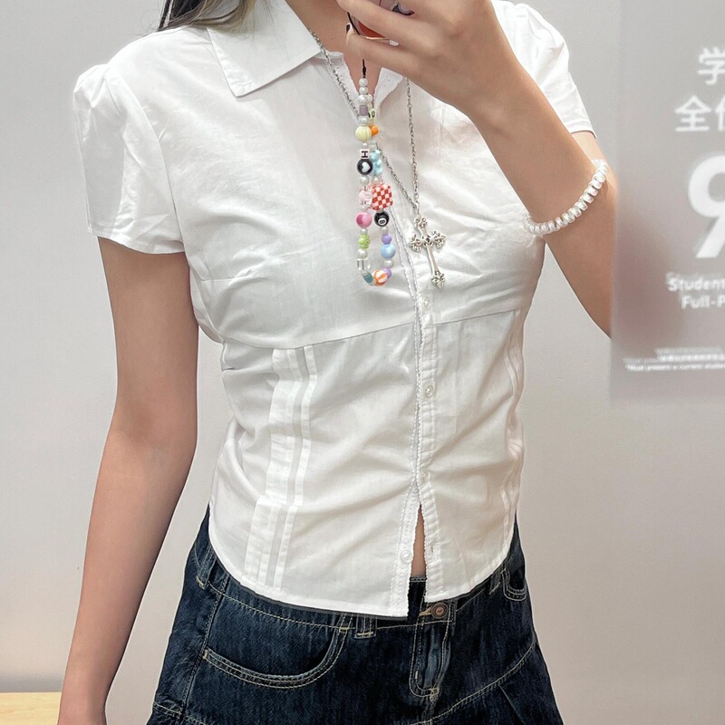 Little Seagull 2025 Summer Women's White Shirt Short-Sleeved Waist Slimming Look Casual Polo Stripesd Top Shirt for Women Little Seagull 2025 Summer Women's White Shirt Short-Sleeved Waist Slimming Look Casual Polo Stripesd Top Shirt for Women