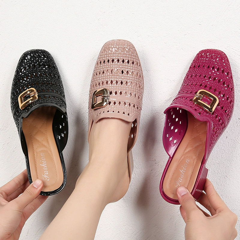 Сандалии с интернет-знаменитостей, женские летние модные пляжные Нескользящие туфли на массивном каблуке, полые тапочки с закрытым носком, уличные тапочки на среднем каблуке