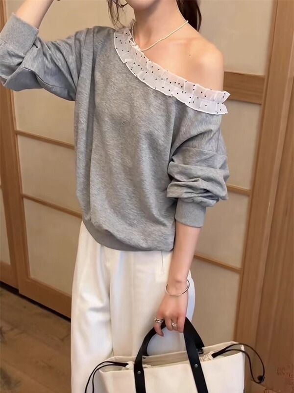 拼接波点荷叶边斜肩长袖T恤女2025早秋新款洋气宽松时尚百搭上衣|undefined