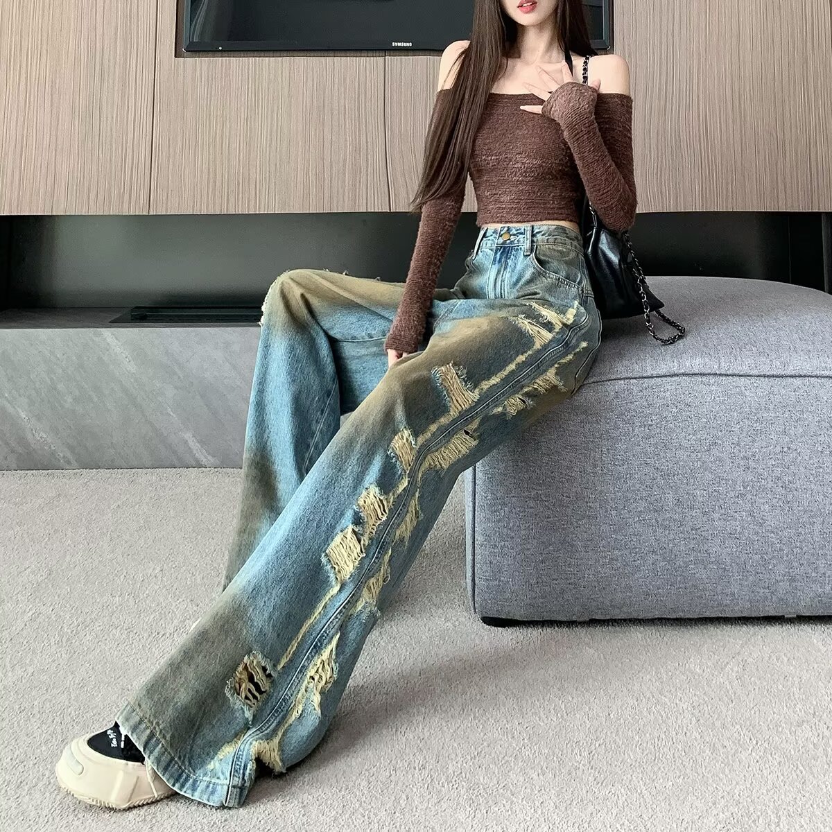 Retro washed loose curved jeans, unisex flared, niche design, clean fit, tie-dye wide-leg trousers