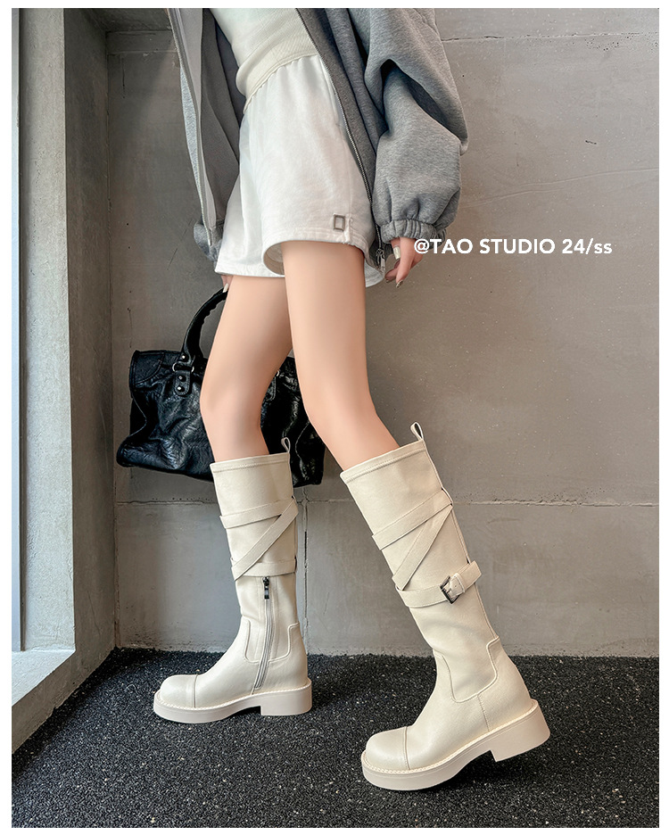 Boot nữ mũi tròn cao gót đế dày phong cách hiệp sĩ có khóa thắt lưng — Lớp lót nhung đen chi tiết 23