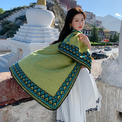 Qinghai Lijiang Xinjiang travel ethnic style shawl striped red cloak autumn and winter slit scarf thickened new fashion