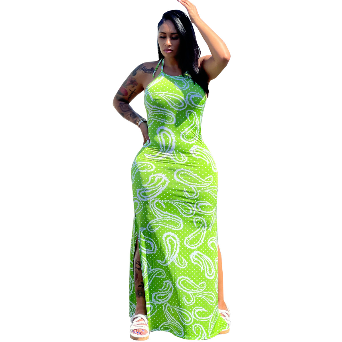 Sexy Halter Round Neck Printed Two Sides Split Long Dress  NSSJW63035