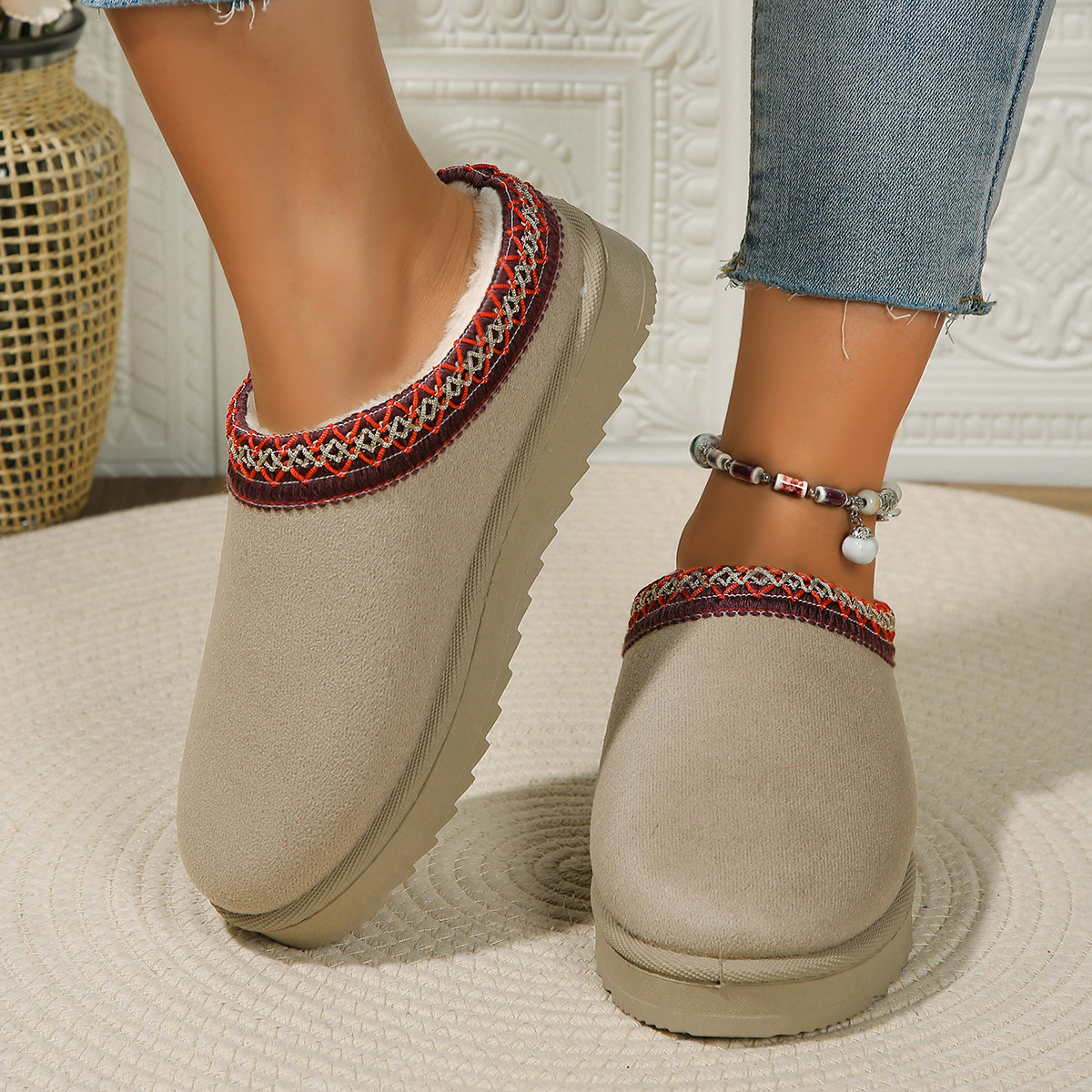 Lace ethnic fashion snow boots women's shoes semi-drag cotton shoes autumn and winter indoor outdoor_viptrois.com