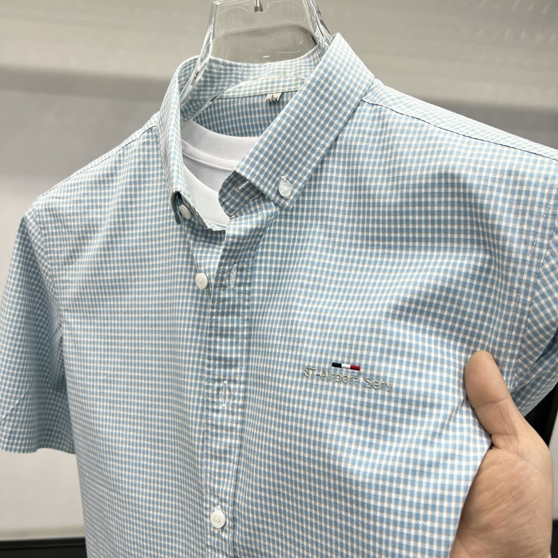 Tommy Classy Authentic Discount Men's 100% Cotton Short-Sleeved Small Plaid Shirt Summer New Lapel Shirt Embroider