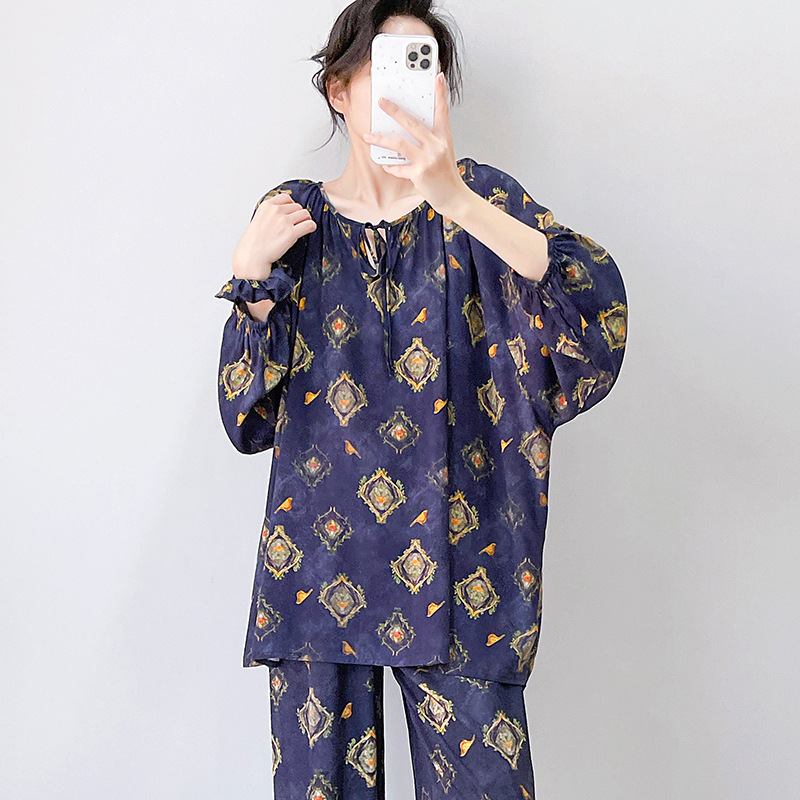 Summer cotton silk pajamas long sleeve trousers suit home wear ladies thin breathable sweat-absorbent home casual wear wholesale