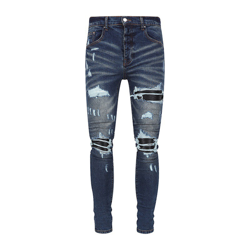 Street Fashion Men's Jeans Blue Retro Tight Ripped Leather Patch Foreign Trade Wholesale Men's Jeans Street Fashion Men's Jeans Blue Retro Tight Ripped Leather Patch Foreign Trade Wholesale Men's Jeans